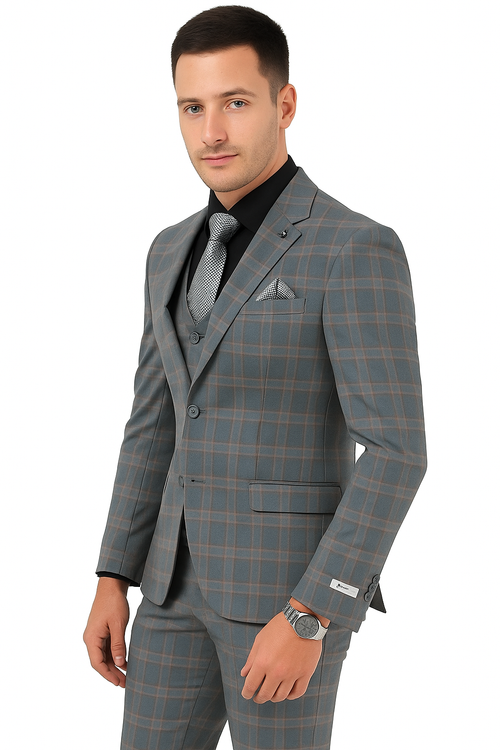 Big and Tall Business Suits - Suits For Big Man - Large Men's Grey Windowpane Vested Suits