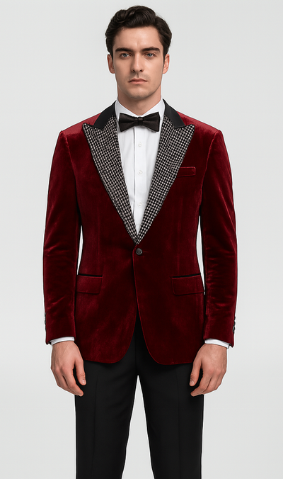Big and Tall Velvet Blazer in Color Burgundy- Sportcoat Rhinestone-Embedded Stacy Adams