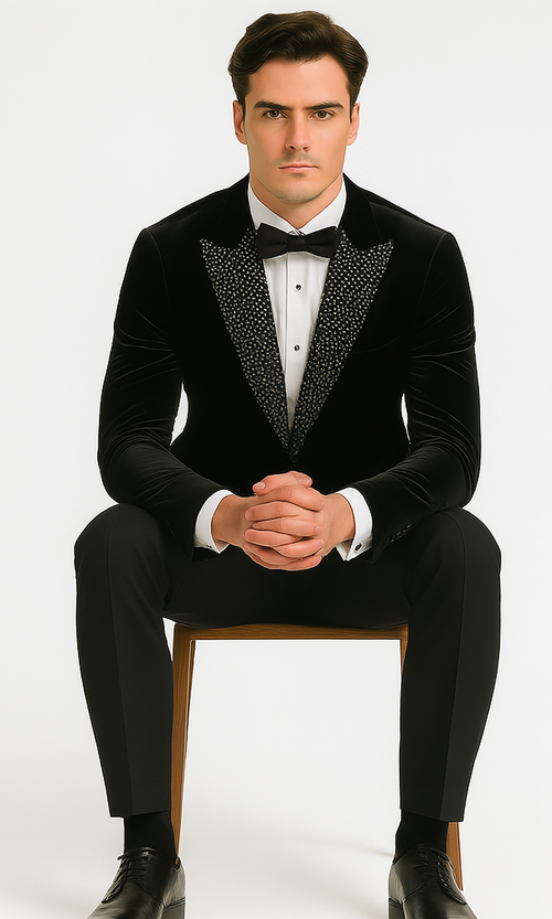 Big and Tall Velvet Blazer in Color Black - Sportcoat Rhinestone-Embedded Stacy Adams