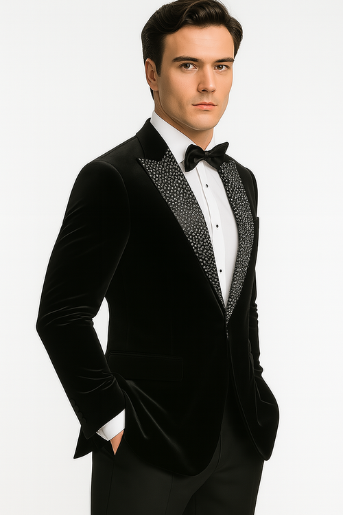 Big and Tall Velvet Blazer in Color Black - Sportcoat Rhinestone-Embedded Stacy Adams