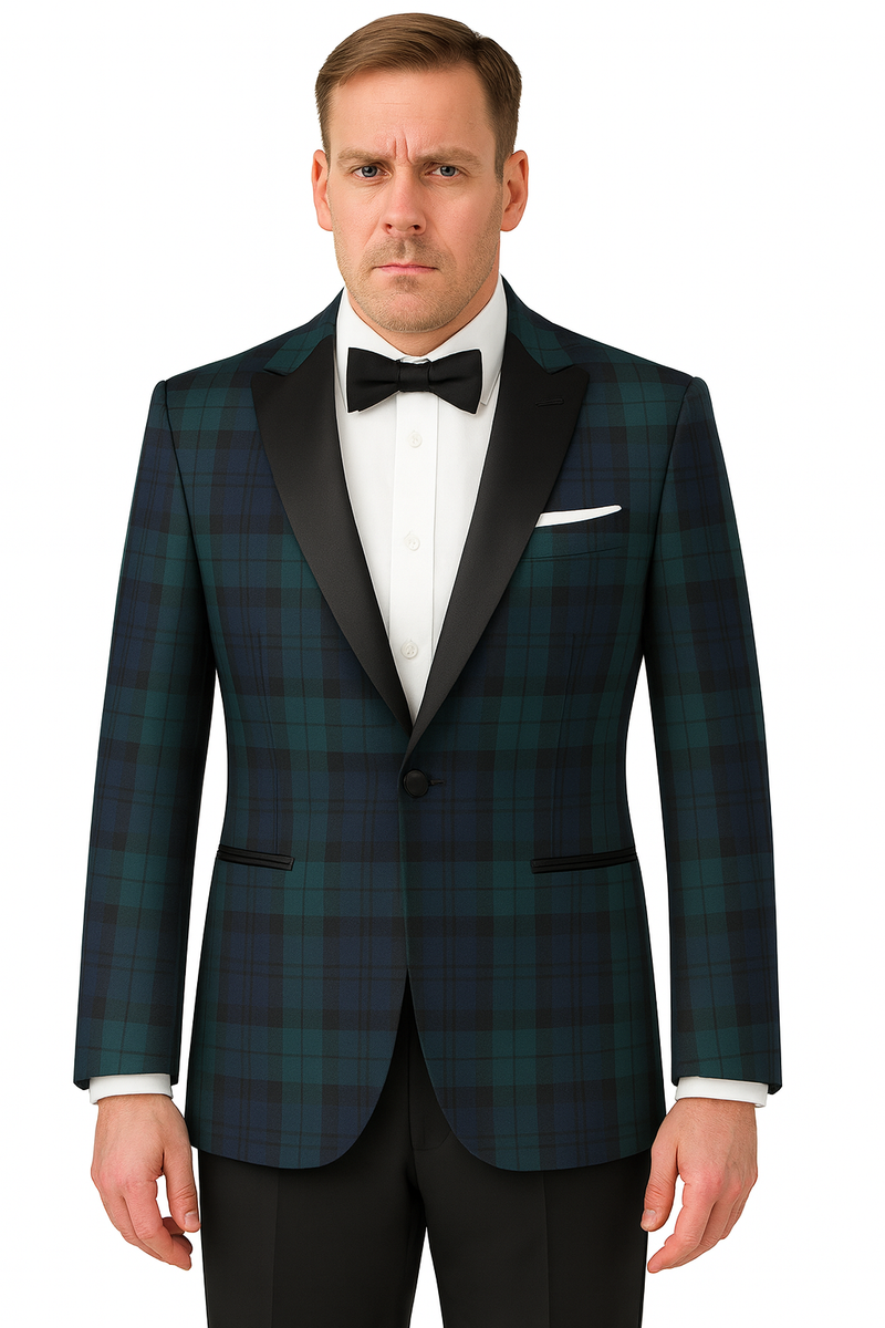 Big and Tall Plait Sport Coat - Windowpane Checkered Scottish English Pattern Party Blazers in Color Green and Blue Tartan