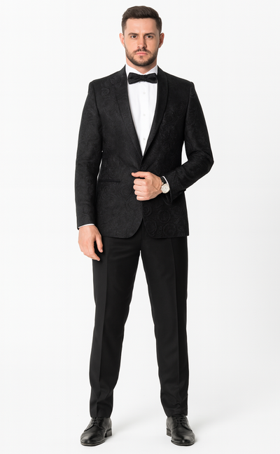 Black Floral Tuxedo Jacket with Shawl Lapel – Wedding & Prom