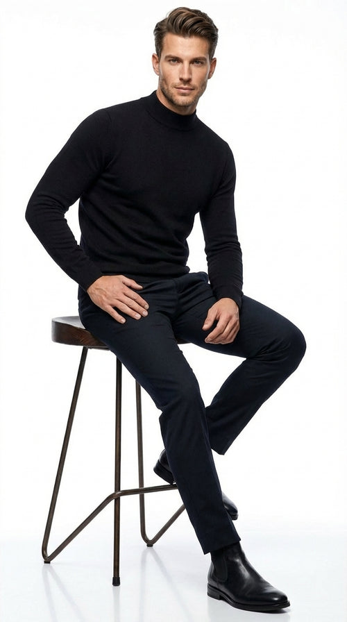 Black mock neck sweater pullover for men β cotton blend long sleeve knit