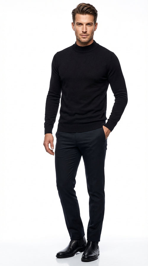 Black mock neck sweater pullover for men β cotton blend long sleeve knit