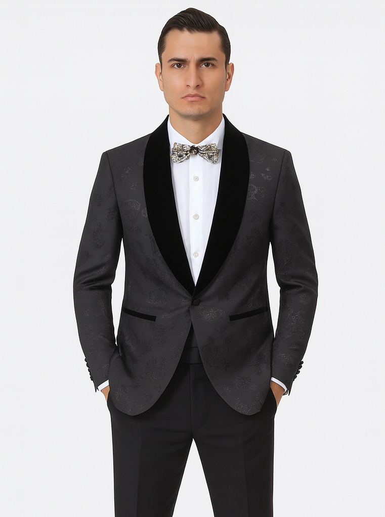 Black Prom Suit - Mens Shiny Paisley Prom Smoking Black Tuxedo