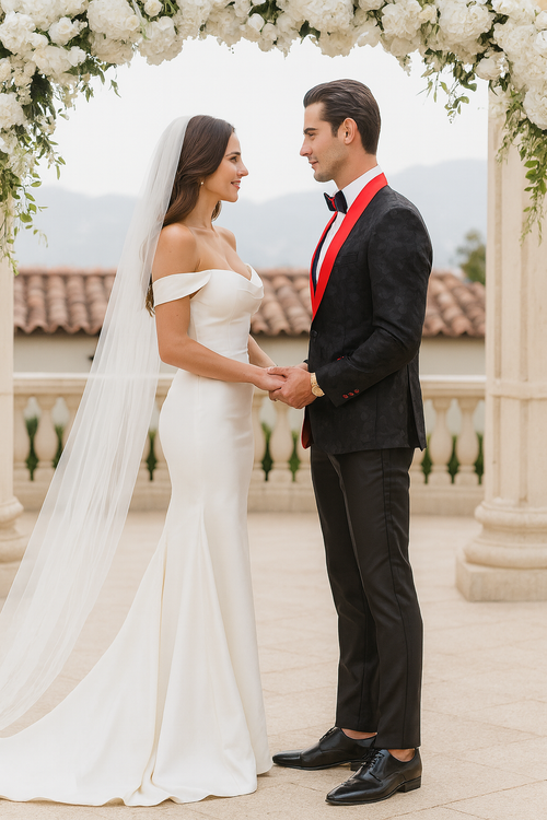 Black and Red Tuxedo Jacket Floral Pattern Slim Fit - Wedding - Prom