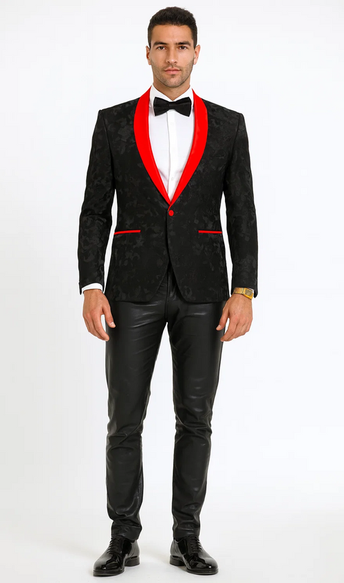 Black and Red Tuxedo Jacket Floral Pattern Slim Fit - Wedding - Prom