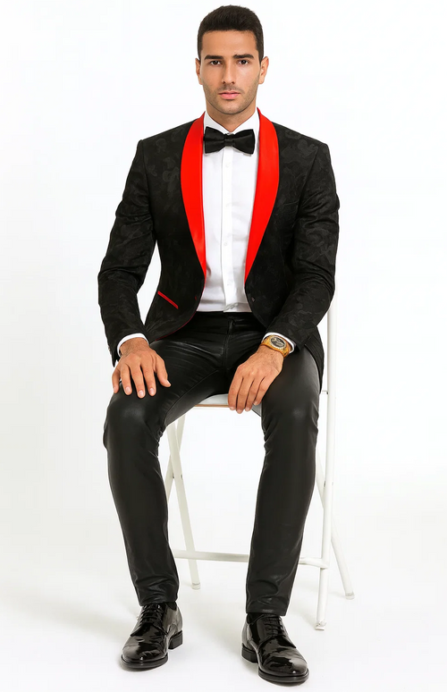 Black and Red Tuxedo Jacket Floral Pattern Slim Fit - Wedding - Prom