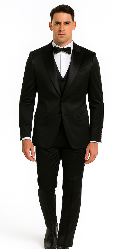 Black Satin Slim Fit 3 Piece Tazzio Men's Suit with Peak Lapel Jacket β Modern Design