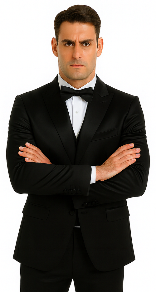 Black Satin Slim Fit 3 Piece Tazzio Men's Suit with Peak Lapel Jacket β Modern Design