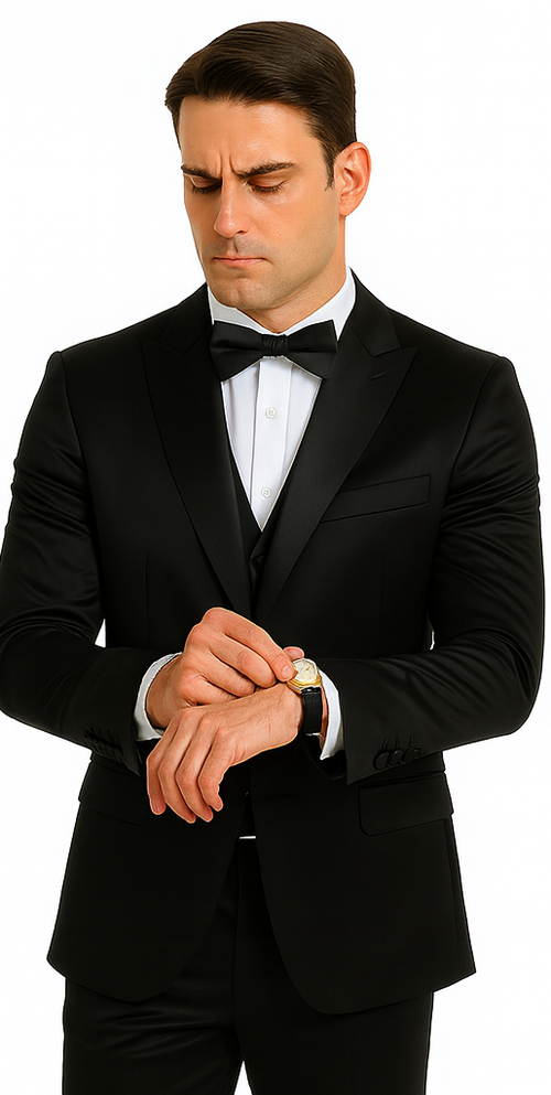 Black Satin Slim Fit 3 Piece Tazzio Men's Suit with Peak Lapel Jacket β Modern Design