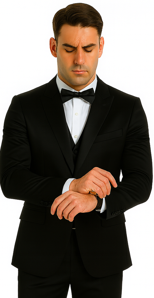 Black Satin Slim Fit 3 Piece Tazzio Men's Suit with Peak Lapel Jacket β Modern Design