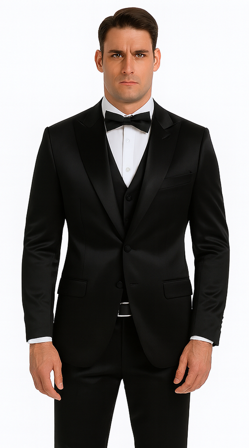 Black Satin Slim Fit 3 Piece Tazzio Men's Suit with Peak Lapel Jacket – Modern Design