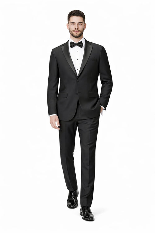 Tiglio Mens Slim Fit Black Wool Tuxedo – Satin Peak Lapel Formal Dinner Suit