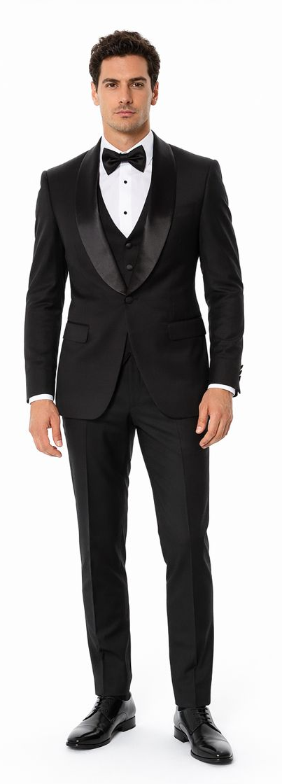 Black Slim Fit Tuxedo with Large Shawl Lapel – 3 Piece Wedding & Prom Set – SuitUSA