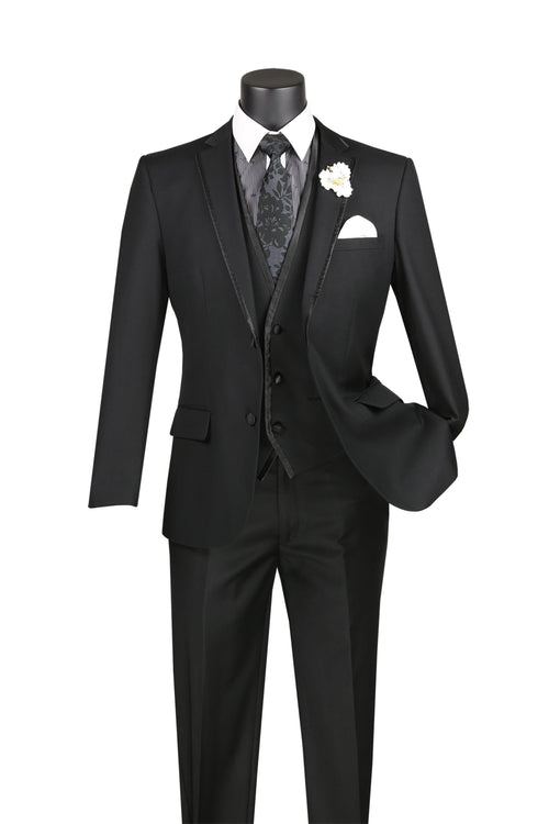 Black Trimmed Lapel Slim Fit 3 Piece Suit by Vinci