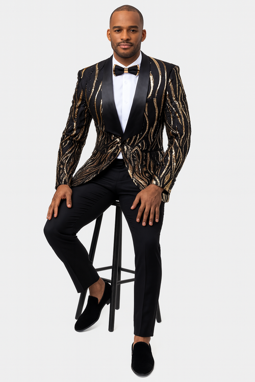Black Prom Tuxedo Suit - Black Wedding Suit - Mens Square Shawl Lapel Black & Gold Sequin Prom Tuxedo Jacket