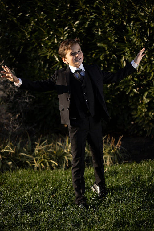 Premium Kids Black 5-Piece Wool Blend Suit BLACKTIE
