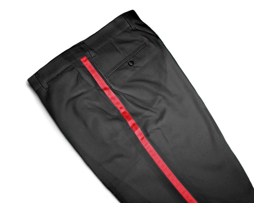 Mens Tuxedo Dress Pants Flat Front Satin Band Mens Tux Pant Trousers - Black with Red Stripe