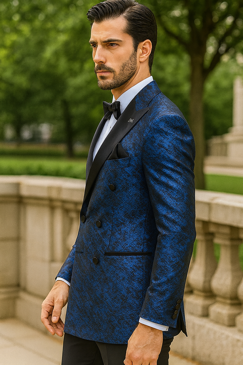 Blue Double Breasted Rough Streak Pattern Satin Peak Lapel Stacy Adams Men's Jacket