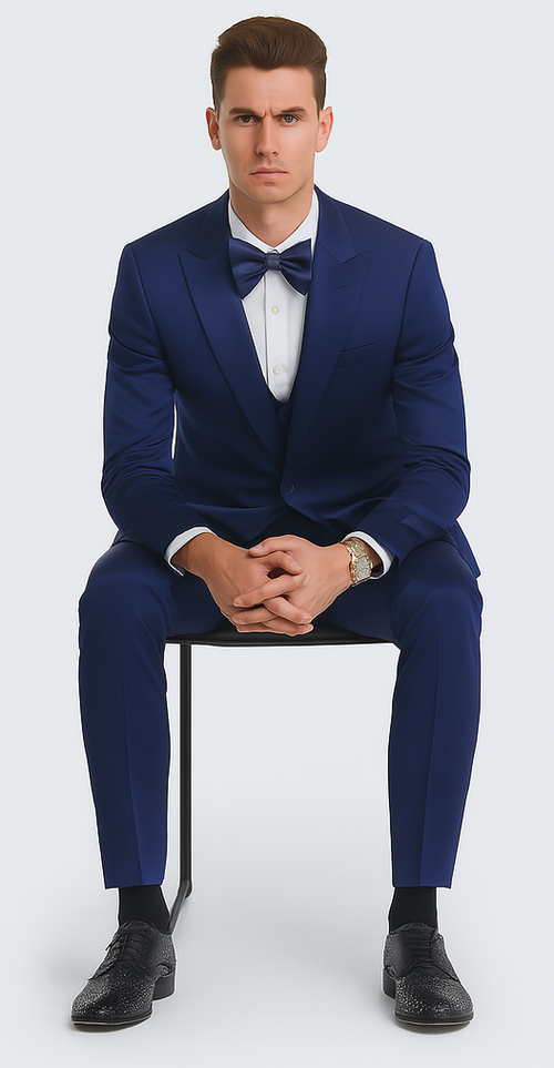 Elegant Blue Satin Double Breasted 3 Piece Slim Fit Tazzio Men's Suit with Peak Lapel Jacket