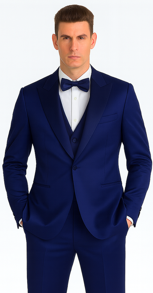 Elegant Blue Satin Double Breasted 3 Piece Slim Fit Tazzio Men's Suit with Peak Lapel Jacket