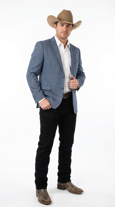 Men’s Blue Textured Cowboy Blazer – Western Style Sport Coat for Ranch Wedding, Business and Country Events