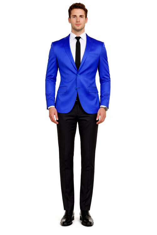 Men’s Slim Fit Blue Satin Blazer – Elegant Two-Button Formal Suit Jacket for Weddings, in blue Color
