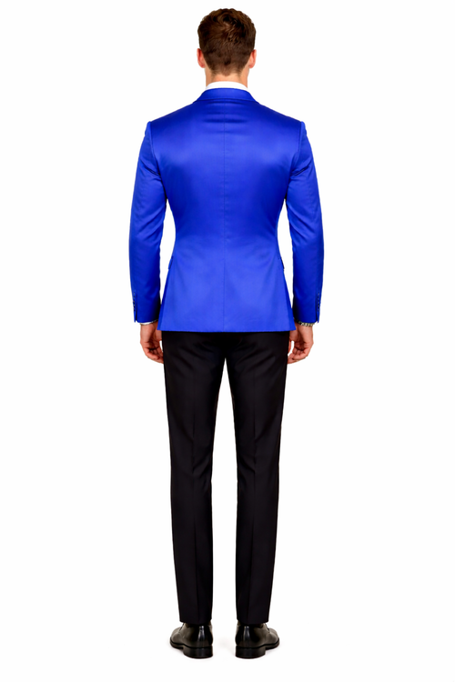 Men’s Slim Fit Blue Satin Blazer – Elegant Two-Button Formal Suit Jacket for Weddings, in blue Color