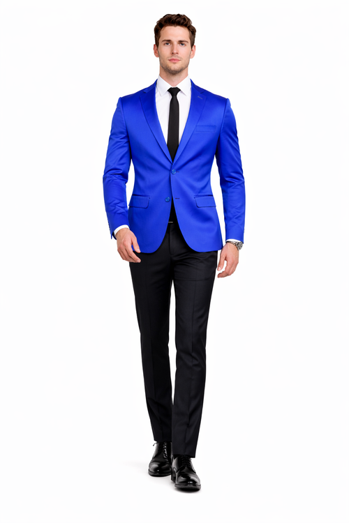 Men’s Slim Fit Blue Satin Blazer – Elegant Two-Button Formal Suit Jacket for Weddings, in blue Color