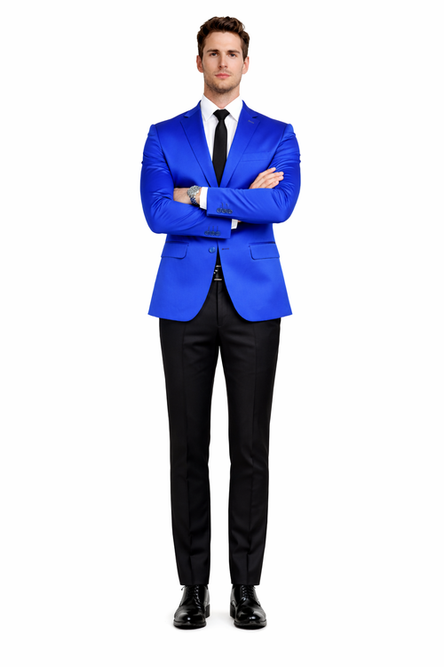 Men’s Slim Fit Blue Satin Blazer – Elegant Two-Button Formal Suit Jacket for Weddings, in blue Color
