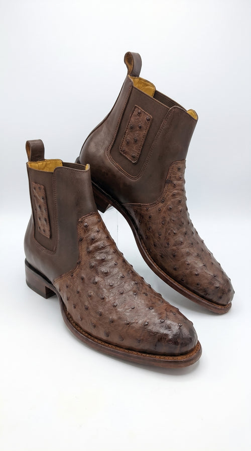 Botas de Avestruz Para Hombre Western Boots – Men’s Brown Ostrich Style Leather Chelsea Cowboy Ankle Boots
