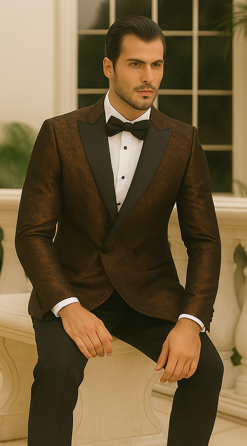 Bronze Double Breasted Rough Streak Pattern Satin Peak Lapel Stacy Adams Men's Jacket