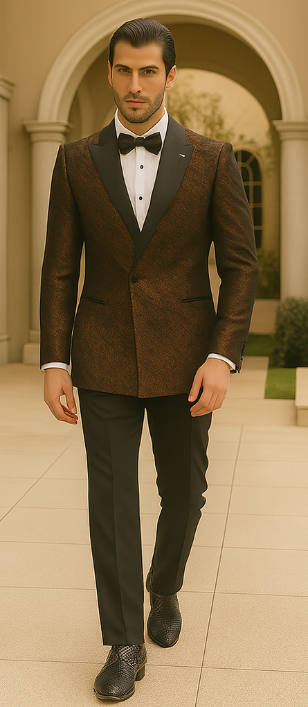 Bronze Double Breasted Rough Streak Pattern Satin Peak Lapel Stacy Adams Men's Jacket