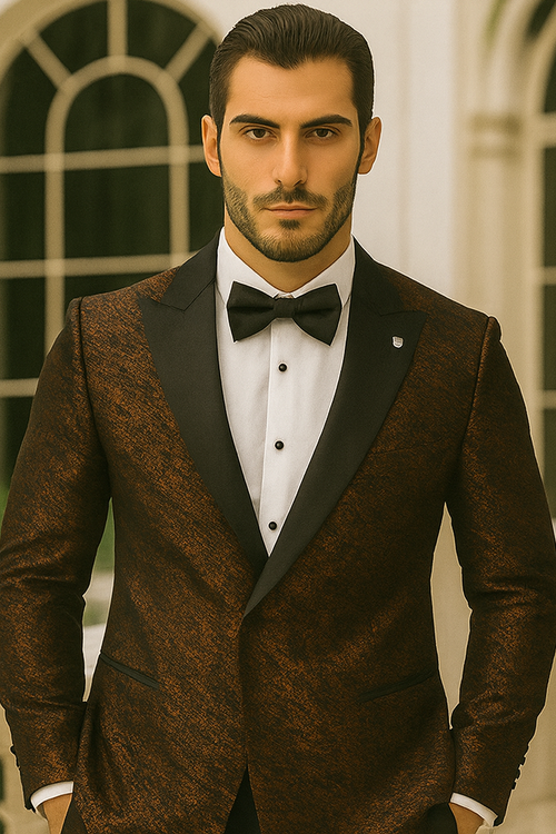 Bronze Double Breasted Rough Streak Pattern Satin Peak Lapel Stacy Adams Men's Jacket