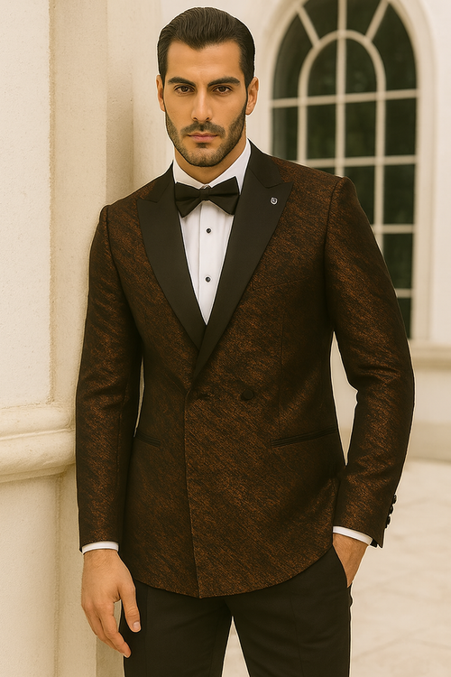 Bronze Double Breasted Rough Streak Pattern Satin Peak Lapel Stacy Adams Men's Jacket