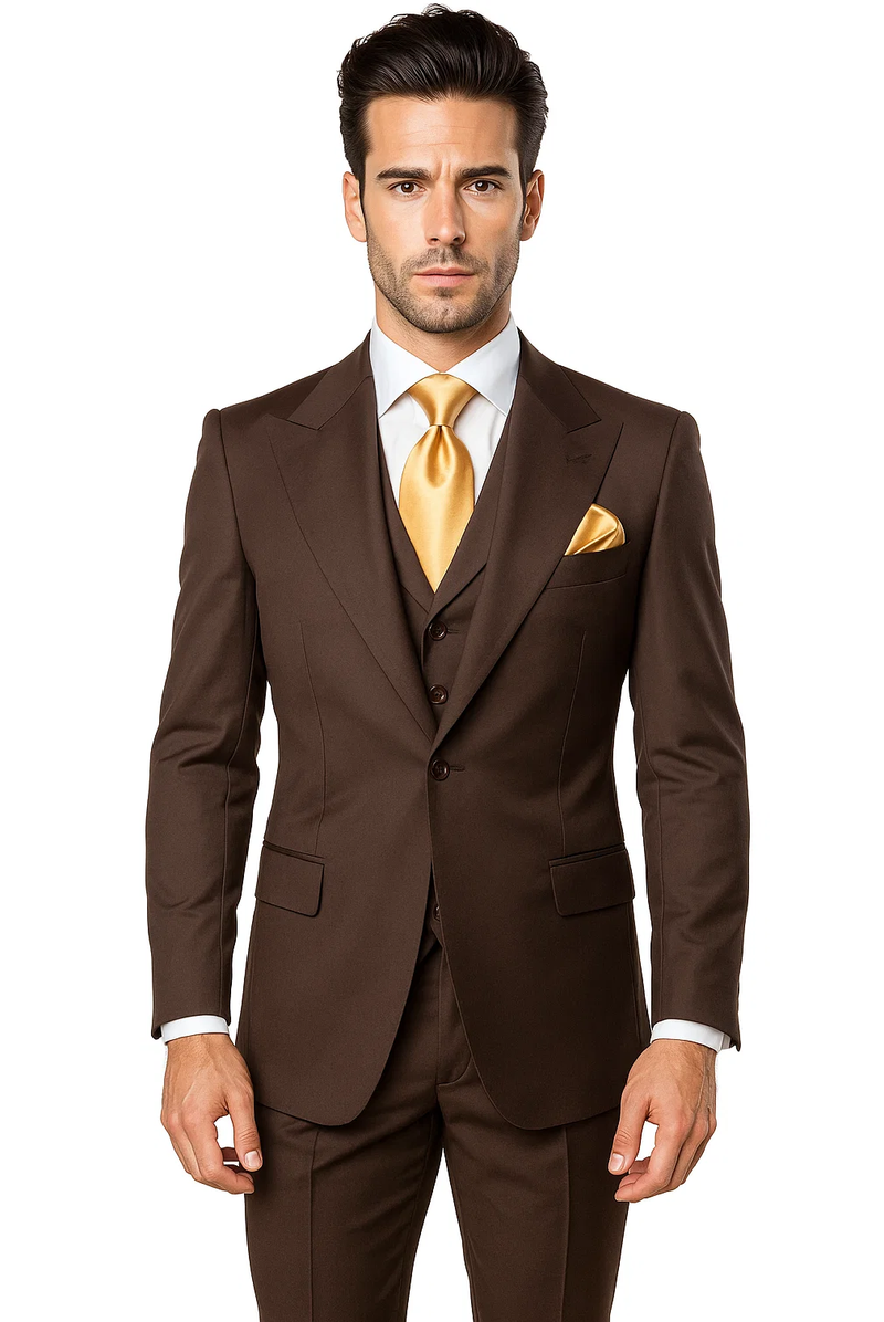 Brown One Button 3 Piece Suit by Rossiman