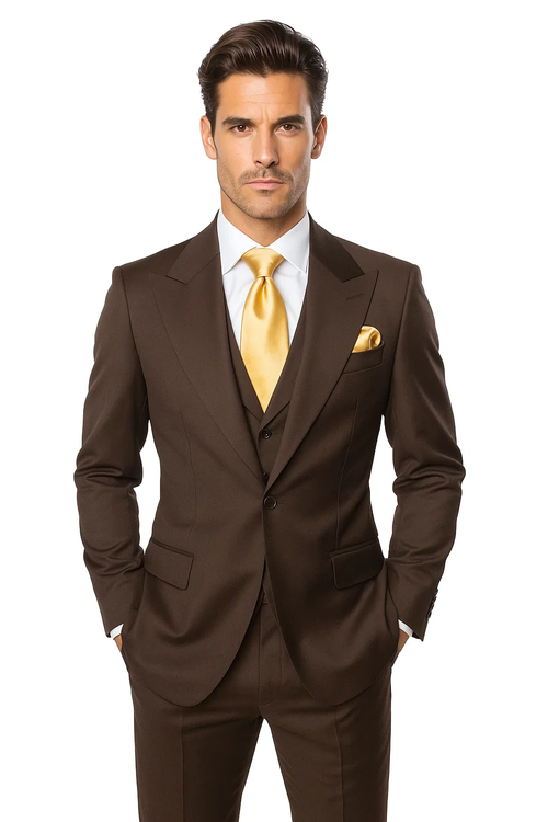 Brown One Button 3 Piece Suit by Rossiman