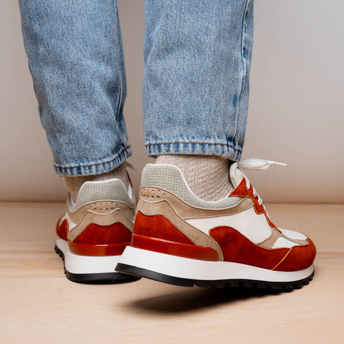 Zelli Bruno Goat Suede and Calfskin Trainer Sneaker in Rust & Taupe