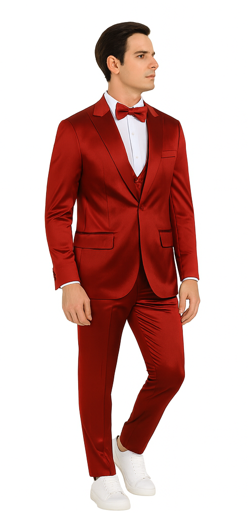 Tazzio Men's Formal Burgundy Satin 3 Piece Slim Fit Suit