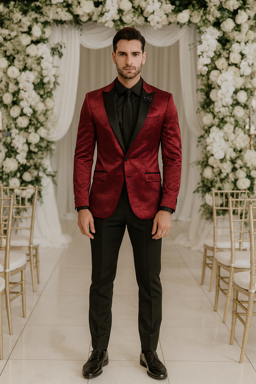 Burgundy Shiny Slim Fit Tuxedo Jacket with Peak Lapel – Wedding & Prom