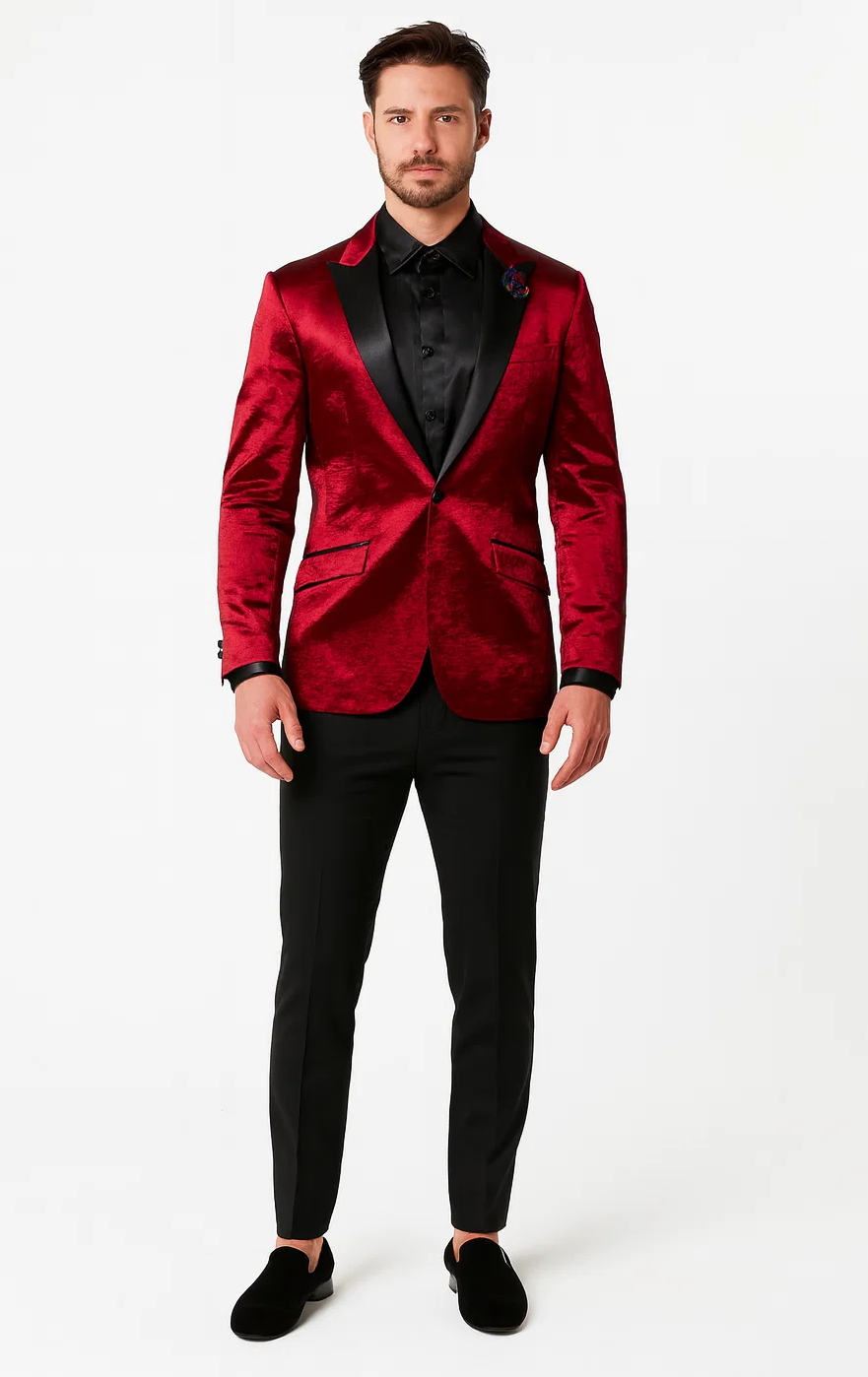 Burgundy Shiny Slim Fit Tuxedo Jacket with Peak Lapel β Wedding & Prom β SuitUSA