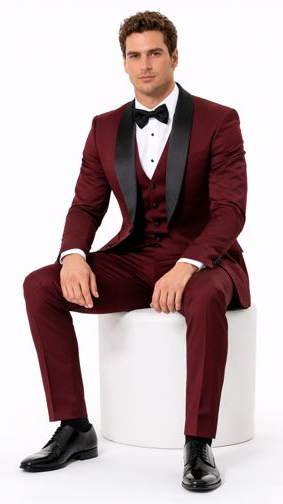 Burgundy Slim Fit Tuxedo with Large Black Shawl Lapel – 3 Piece Wedding & Prom Set