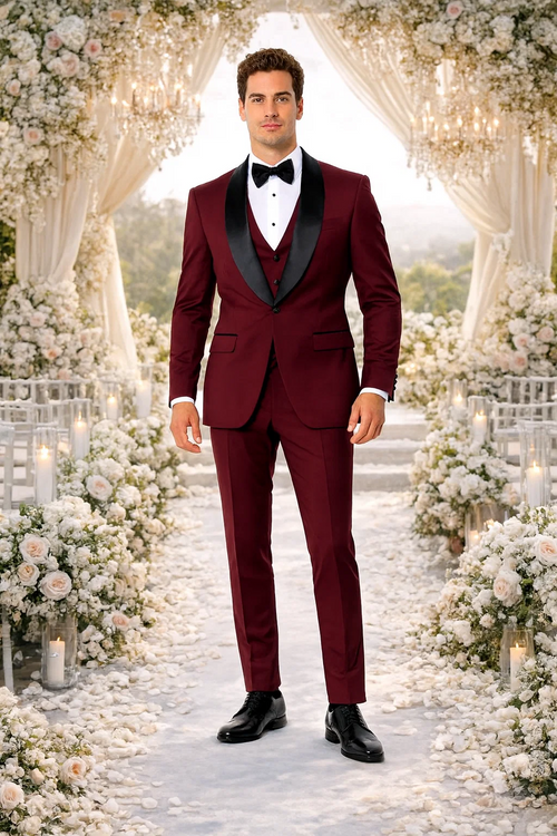 Burgundy Slim Fit Tuxedo with Large Black Shawl Lapel – 3 Piece Wedding & Prom Set