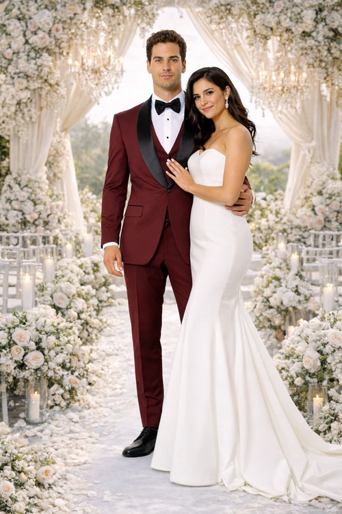 Burgundy Slim Fit Tuxedo with Large Black Shawl Lapel – 3 Piece Wedding & Prom Set