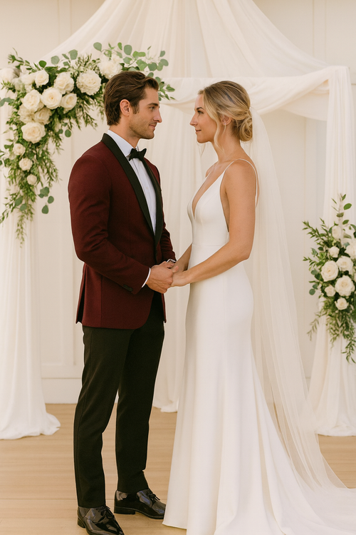 Burgundy Tuxedo Jacket, Black Satin Shawl Lapel β Slim Fit