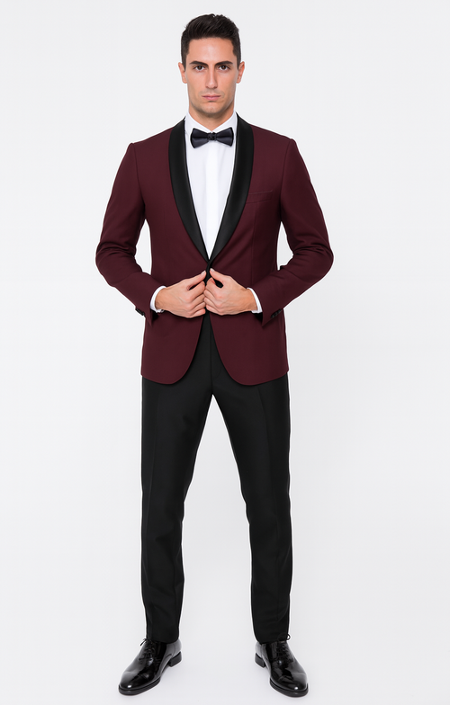 Burgundy Tuxedo Jacket, Black Satin Shawl Lapel ā Slim Fit