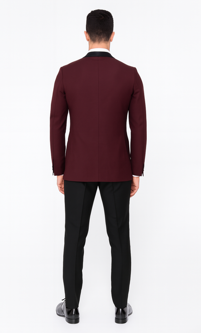 Burgundy Tuxedo Jacket, Black Satin Shawl Lapel – Slim Fit