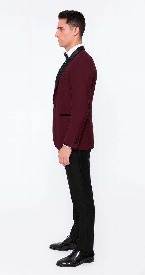Burgundy Tuxedo Jacket, Black Satin Shawl Lapel ā Slim Fit