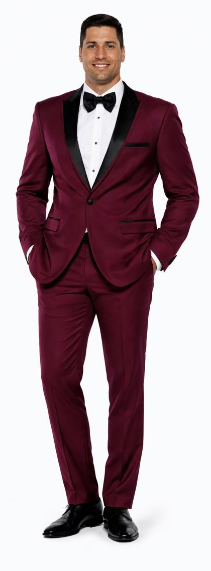 Burgundy Tuxedo Slim Fit One Button Peak Framed Lapel - Wedding - Prom